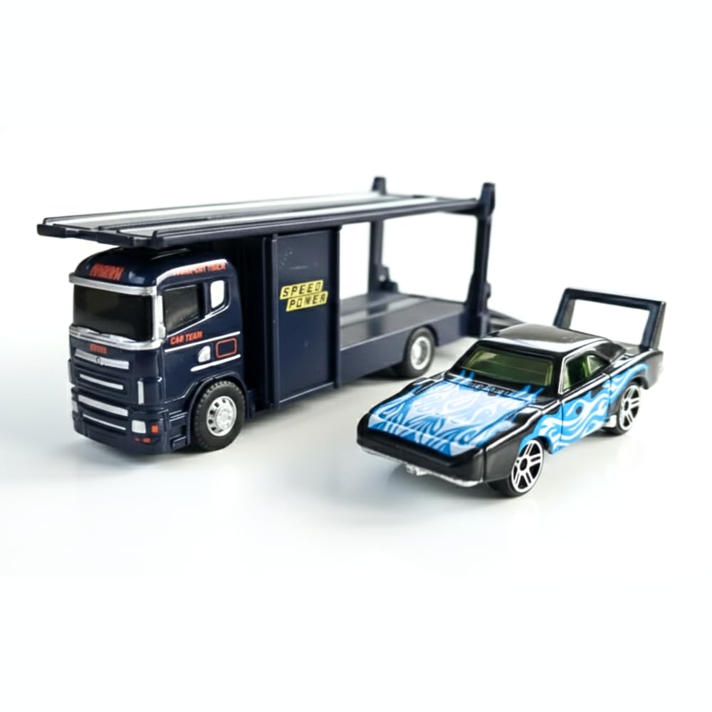 Mini Metal Truck Car Carrier Transporter Toy with Race Car, Speed Power Theme, Die-Cast Vehicle Set (Blue-Trailer)-image-26