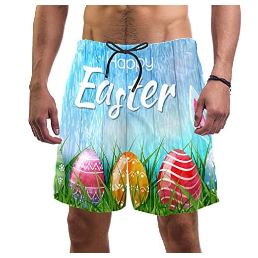 XiangHeFu Sommarstrandshorts för herrar med fickad elastisk midja dragsko snabbtorkande korta byxor, glad påsk