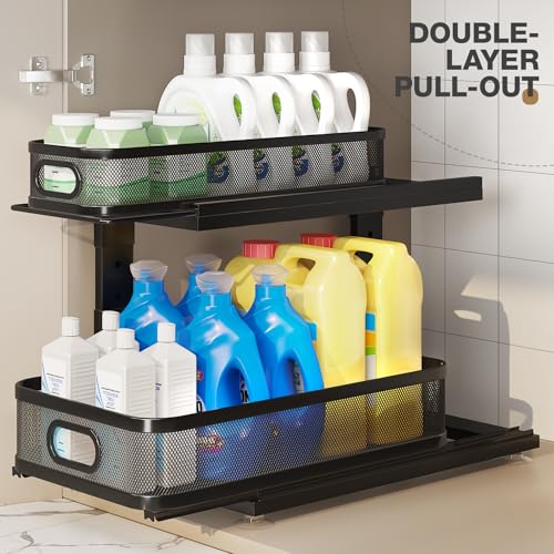 Image of 2 Pack 18.5IN-Depth Under Sink Organizer With Next-Gen Ball-Bearing Slides,2-Tier Precision Mesh Pull Out Cabinet Storage for Bathroom&Kitchen,Height Adjustable Drawers Shelf,Anti-rust-Black