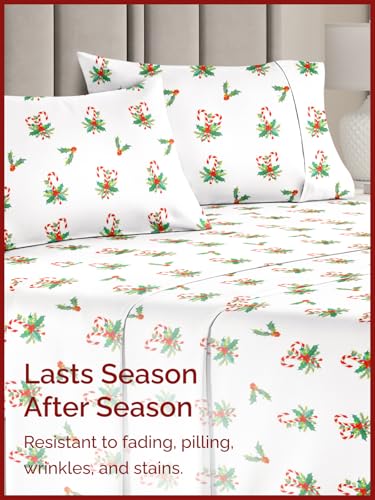 King Candy Cane Mistletoe Sheet Set - Holiday Xmas Pattern Bedding Set - Deep Pockets - Snug Fit - 4PC - Wrinkle Free & Easy Fit - Cozy Festive Winter - Holiday Sheets for Women, Men, Kids & Teens
