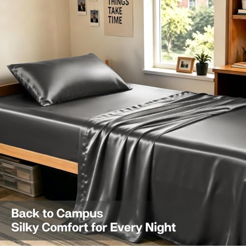 Image of MR&HM Satin Bed Sheets, Twin XL Size Sheets Set, 3 Pcs Silky Bedding Set with 15 Inches Deep Pocket for Mattress (Twin XL, Dark Grey)