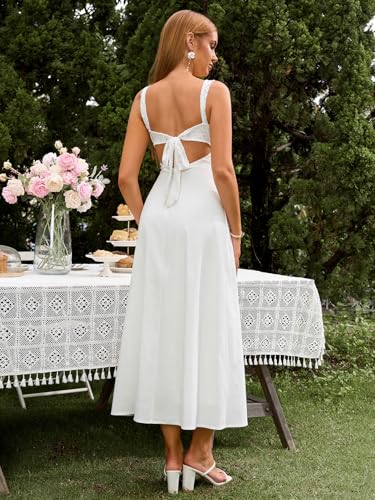 EYNMIN Lace Strap Midi Dress Sweetheart Neckline Bow Tie Backless A Line Wedding Guest Dresses for Women Casual Sundress3