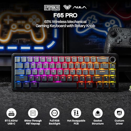 Image of EPOMAKER X Aula F65 PRO Wireless Mechanical Gaming Keyboard, Hot-Swap, 5-Layer Padding, Creamy Gasket, Knob and Shine-Through PBT Keycap, RGB, BT /2.4GHz /USB-C (Gradient Grey, Reaper Switch)