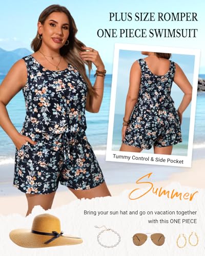 Image of Women Romper Swimsuit - One Piece Bathing Suit with Shorts with Pockets | Built-in brief, Modest, Boyleg, Padded bra, Drawstring, Full lining, Ribbed