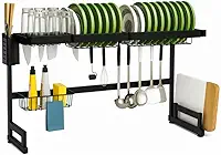 Cozinha Suspensa Modular Escorredor de Louça Organizador 24 Pratos 85cm com Porta Copos e Talheres Suporte para Tábua 6 Ganchos Aço e Plástico (Preto)