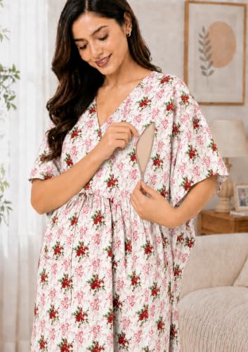 Image of Noty Women's- Kaftan | Maxi | Maternity | Feeding | Delivery Gown- Cotton Fabric- V Neck | Floral Print | 2 Pockets | Midi