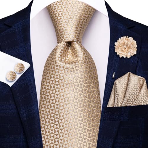 Image of Hi-Tie Men Silk Ties Set with Flower Lapel Pin Necktie Pocket Square Cufflinks for Tuxedo Wedding Business