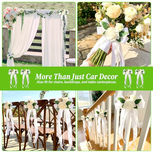 Image of 4PCS Wedding Car Door Handle Decorative Flowers, White Artificial Cars Bouquet Flower Bowknot Ribbon Decor, Just Married Automotive Decorations Accessories for Door Handles