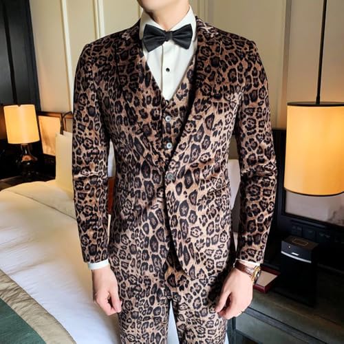Kromoc Men's Leopard Grain 3-Piece One Button Suit Jacket Vest Pants Formal Daily Leisure3