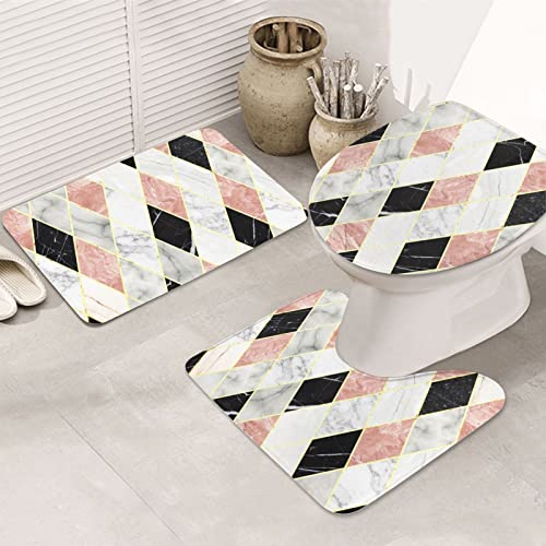 ARLTTH Badematte Mit Marmorstruktur, 3-teiliges Badezimmerteppich, Rutschfester Und Weicher, Saugfähiger Polyester-Teppich, U-förmiger Konturteppich Und Toilettendeckelbezug (rosa Marmor) – Bild 4