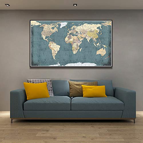 Welmeco Large Office Wall Decoration Retro Detailed World Map Canvas Prints With Premium Black Frame Vintage Push Pins Travel Map Of The World Picture Artwork For Modern Home Office Living Room Decor thumb #2