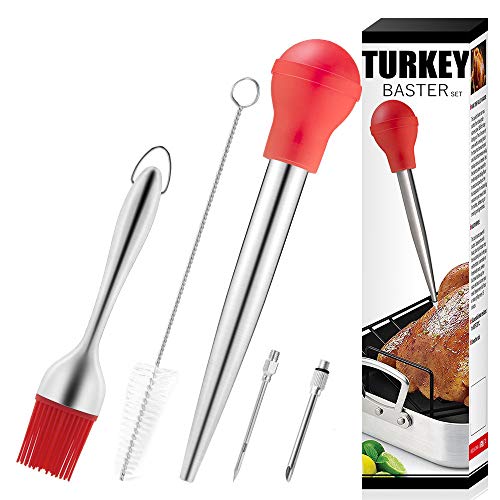 Turkey Baster Set Meat Baster Silicone Brush Head, Basting Brush, Cleaning brush, Two Needles for Flavor, Gift for Thanksgiving and Christmas