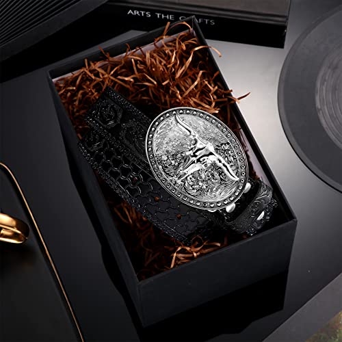 Xuniea Western Belt for Men Longhorn Cowboy Leather Buckle Belt Floral Engraved3