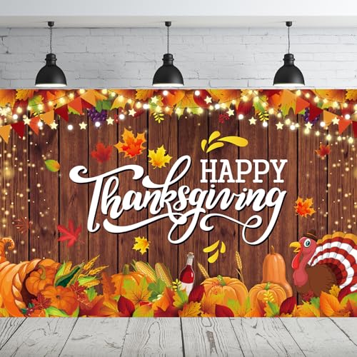 Happy Thanksgiving Backdrop Sign Autumn Maple Leaves Pumpkin Turkey Photography Background for Thanksgiving Day Party Decoration Fall Decorations