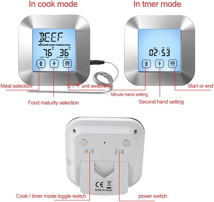 review Meat Thermometer,Digital Meat Thermometer,Wired Touchscreen Digital Meat Thermometer with Stainless Steel Waterproof Probe,Easy to Use,Cooking Kitchen Thermometer with Time,for Deep Fry,BBQ,Oven