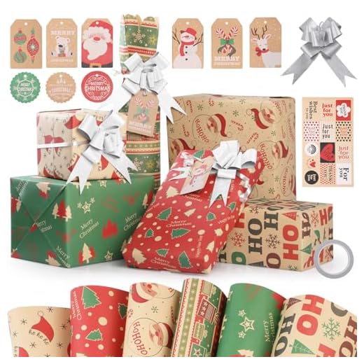 GeeRic Papel de Regalo Kraft Navidad, 6 Hojas Reciclable Papel de Regalo Navideño 70 * 50CM Papel de Regalo Kraft Reciclado con Etiqueta de Sello + Cinta Adhesiva + Etiquetas + Lazo de Navidad