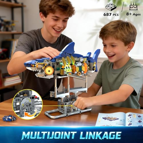 Image of SKY LINE OCEAN Mechanical Shark Building Blocks Set (687+ PCS) | Complex for Ages 14+ | Rotatable Sea Animal Model with Display Stand | STEM Construction Toy | 5 Year Structural Warranty
