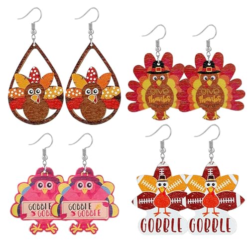 4 Pairs Fall Thanksgiving Drop Dangle Earrings for Women Lightweight Autumn Wooden Teardrop Earrings Cute Colorful Pumpkin Maple Leaf Sunflower Turkey Earrings