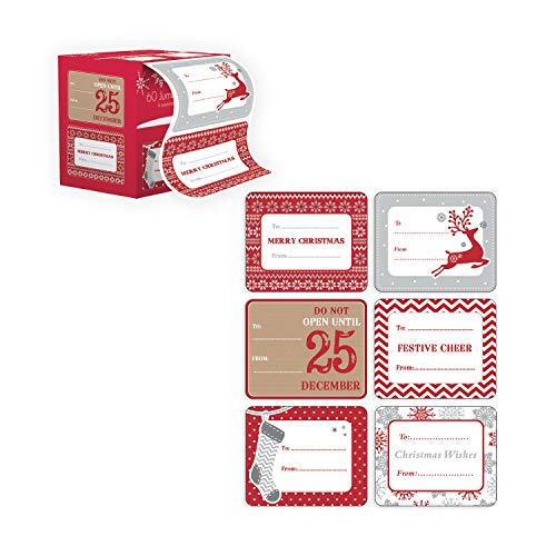 Jumbo Xmas Tag Stickers 60 Count Modern Red, White, Silver, and Gold Xmas Designs - Looks Great on Presents, Wrapping Paper and Gifting Bags