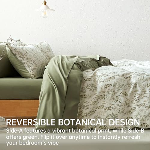 Image of BOLINLIVING Floral Duvet Cover Full Size, Green Botanical Duvet Cover Set with 2 Pillowcases, Breathable Soft Microfiber Bedding Set for All Season with Zipper Closure and 8 Corner Ties