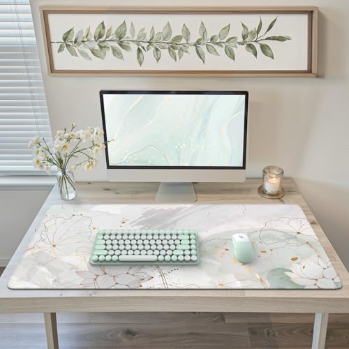 Image of iCasso Desk Cover Mat, Extra Large Lotus Mouse Pad, Desk Pad Mat,Office Matt for Desktop Protector, Anti-Slip XXL Big Mousepad with Stitched Edges for Laptop Computer Keyboard(Green Lotus Leaf)