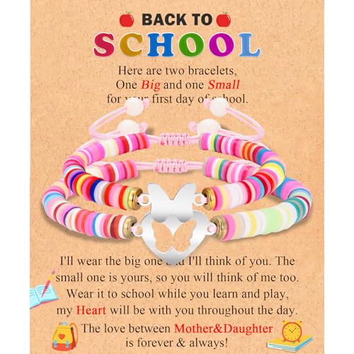 Image of Back to School /First Day of School Bracelet Gifts, First Day of Kindergarten Preschool First /Second Grade Bracelet Gifts, Set of 2 Colorful Matching Butterfly Bracelet for Mom and Daughter