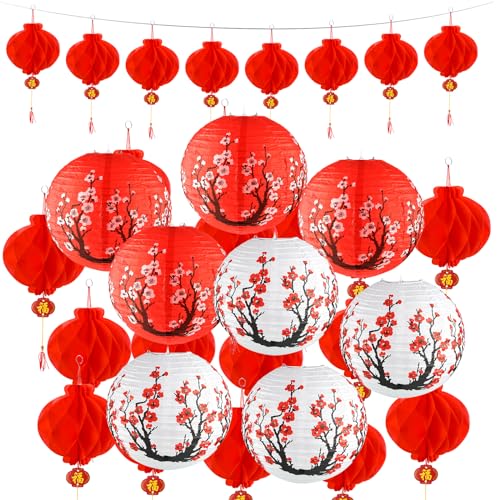 30 Pieces Chinese Japanese Paper Lantern Includes 8 Cherry Blossom Japanese Paper Lantern 22 Chinese Red Lanterns 12 Inches Red Cherry Flowers Paper Lanterns for Spring Festival New Year Wedding