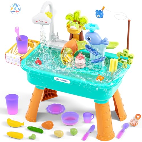 2026 Upgraded Kitchen Sink Toys Water Table for Toddlers 1-3 3-5 Water Table for Kids Ages 4-8 Toddler Water Play Table|Beach Outdoor Toys Summer Gift for Girl Boy 3 4 5 6 7 8 Orange&Green