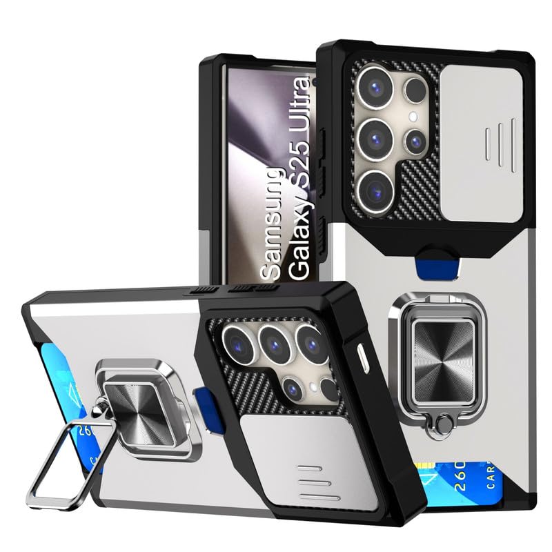 Image of LuxuryKase Shockproof Armor Case for Samsung Galaxy S25 Ultra | Slide Camera Cover | Hidden Card Slot | Rotating Ring Kickstand | Magnetic Car Mount Support | Military Grade Protection - White