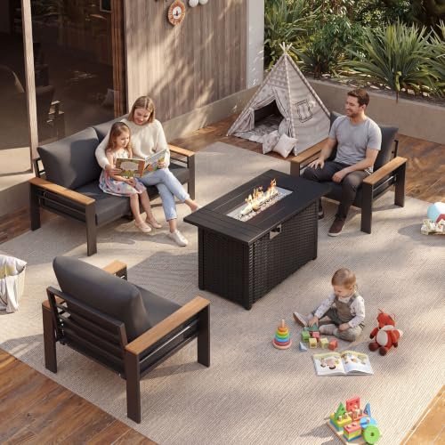 Image of Aoxun Patio Furniture Set, Aluminum Patio Set with Fire Pit Table and 5 inch Thicken & Washable Cushion, Waterproof Outdoor Furniture, Outdoor Couch Sectional for Backyard (4 Seats /F, Dark Grey)