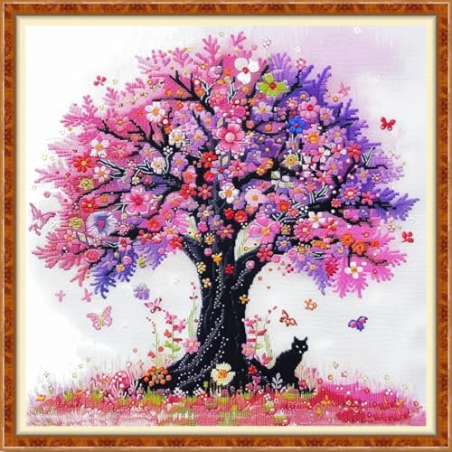 Image of Findvoor Stamped Cross Stitch Kits for Beginner Embroidery Kits for Beginners Adults DIY 11CT Cross Stitch Patterns Needlepoint Kits Crossstitching Kits-Rainbow Tree Cat 18x18 inch