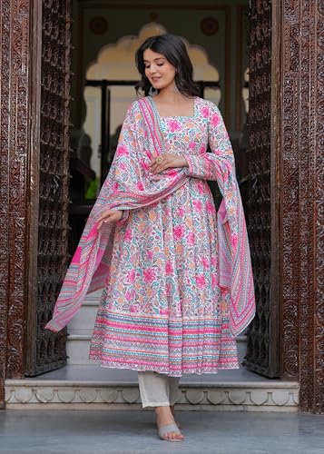 Image of Cotton Anarkali Shiffly Work with Floral Printed Anarkali Kurta Pant with Dupatta