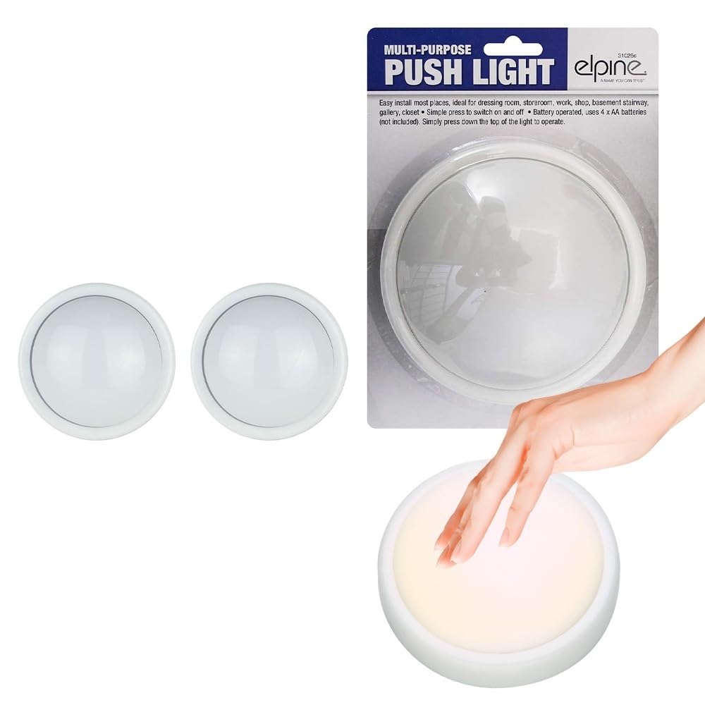Set of 2 Push Lights Indoor - Multipurpose Indoor Home Torch Easy Install Bedroom Round | for Dressing Room, Storeroom, Work, Shop, On and Off Switch | AA Battery Operated Light - 2 Pack