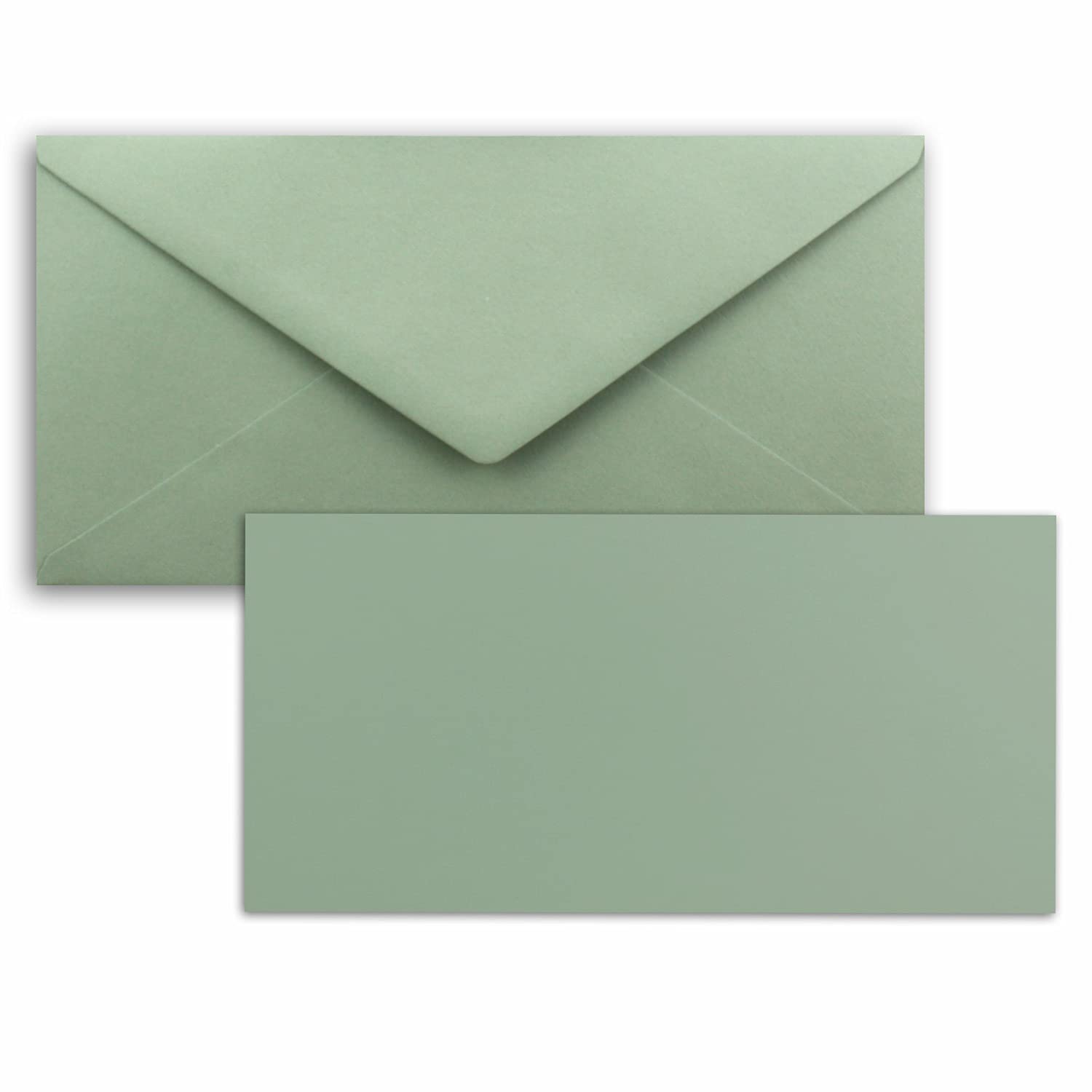 Zestaw 500x pojedynczych kart DIN podłużnych w eukaliptusie wraz z kopertami z naklejaniem na mokro - puste kartki 9,9 x 21 cm - na zaproszenia i kartki z życzeniami na urodziny i ślub