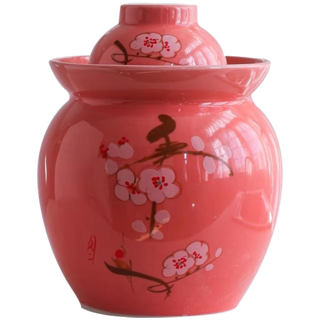 Thickened Ceramic Kimchi Jar, Water Seal Fermentation Tank, Chinese Plum Blossom Pattern Storage Container, Pickled Cucumbers, Sauerkraut(3.5kg/123.4oz)