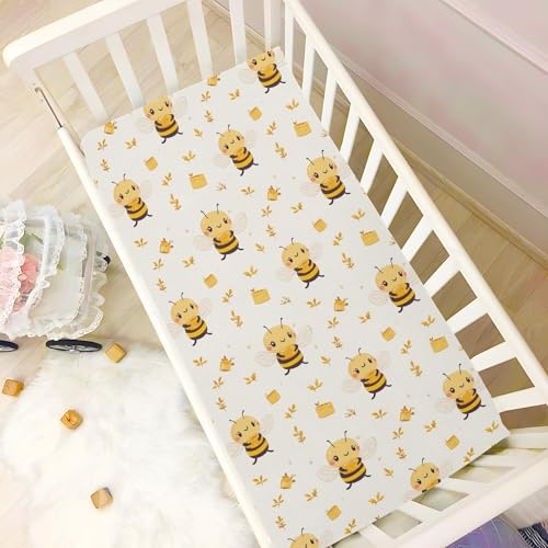 Image of Fitted Crib Sheets Yellow Bee Holding Honey Pot Stretchy Portable Playard Sheets for Baby Toddler, Breathable Soft Mini Crib Mattress 39 x 27 in for Boys and Girls