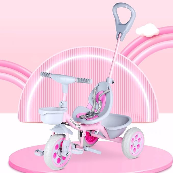 Image of TONDU Kiddo Tricycle for Kids /Baby with Storage Basket | Seat Belt with Parental Control Baby Tricycle (Pink)