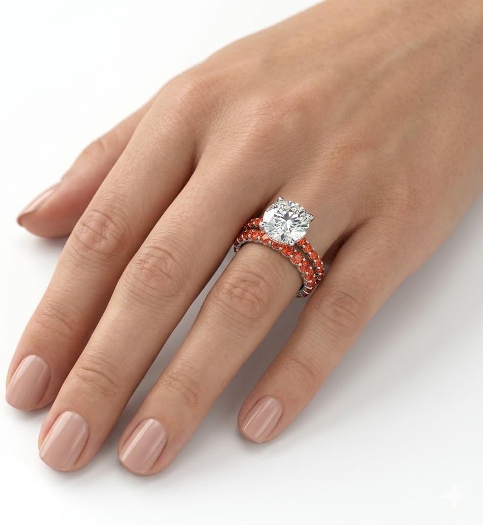 Choose Your Gemstone Hidden Halo Diamond CZ Ring with Gemstone Band Sterling Silver Round Shape Wedding Ring Sets Minimal Modern Design Birthday Gift Wedding Gift US Size 4 to 12