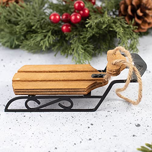 Mini Wood Sleds with Jute Hangers and Black Runners - Pack of 3 Classic Christmas Ornament Decorations - Ideal for Trees and Wreaths - 5-1/2