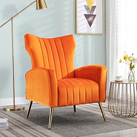 Altrobene Velvet Accent Chair Modern Wingback Comfy Chair Tufted Reading Armchair with Gold Legs for Living Room/Bedroom, Orange Cover