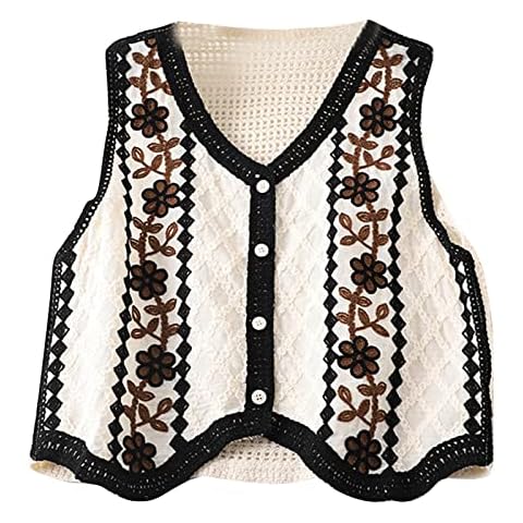 Nawwgy Women Vintage Hollow-Out Crochet Knit Sleeveless Vest Waistcoat Button Up Floral Loose Crop Cardigan Top Cover