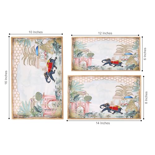 Image of Rectangular Wooden MDF Serving Trays Set of 3 (16x10, 14x8, 12x6 Inches) - Enamelled Finish with Easy-Grip Handles, Perfect for Dining, Tea, Snacks & Home Decor (Red Elephant Tray)