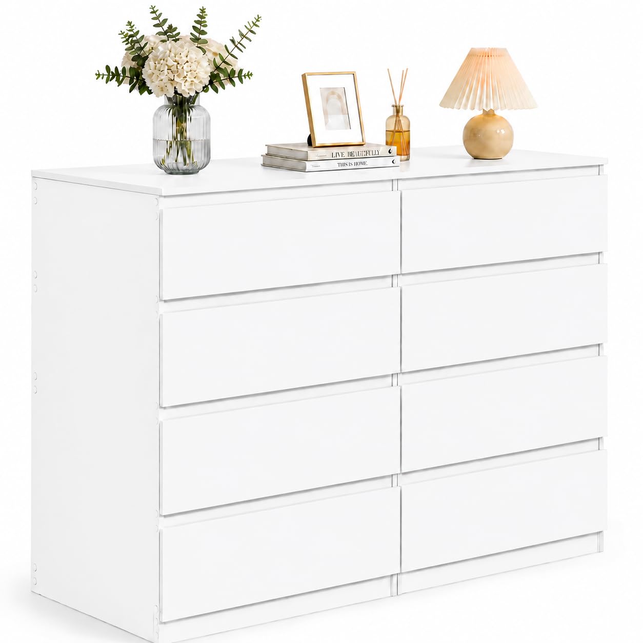 Sovas Cómoda Blanca de 8 Cajones, Cómoda Grande de 120 cm con Amplio Almacenaje, Mueble con Cajones Moderno para Dormitorio, Salón y Entrada, Aparador de MDF Melaminado, 120 x 40 x 98 cm