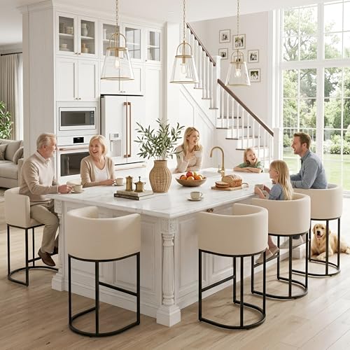 Image of HNY Modern Counter Height Linen Fabric Cream Upholstered Counter Stool, 29 Inch Kitchen Island Stool with Black Tubular Frame