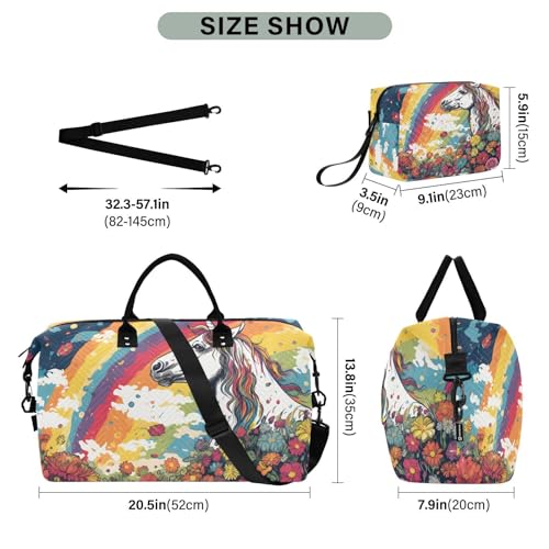 Large Travel Duffel Bag, Oil Painting Horse Rainbow Sports Tote Gym Bag, Shoulder Weekender Overnight Bag for Women Men, Carry On Luggage with Toiletry Bags3