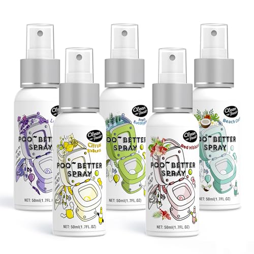 Clean-n-Fresh Toilet Spray 8.5 Fl Oz Variety Pack of 5 - Citrus Hibiscus Lavender Eucalyptus Beach Coco Travel Essentials Bathroom Odor Elimination Air & Toilet Freshener Each 1.7 Fl Oz