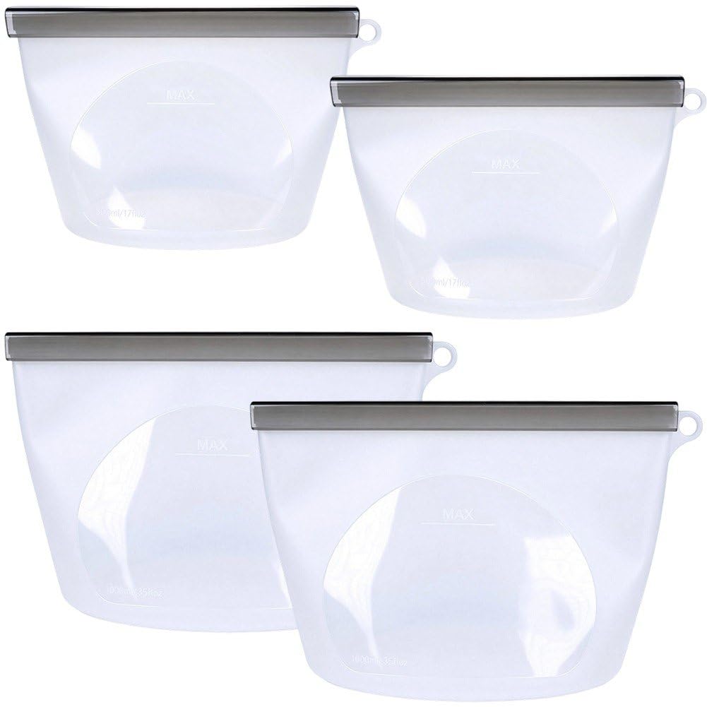 Sofezdo 4pcs Reusable Silicone Food Storage Bags Leakproof Stand-up Freezer Bags Portable Airtight Fruit Snack Bags for Meal Prep