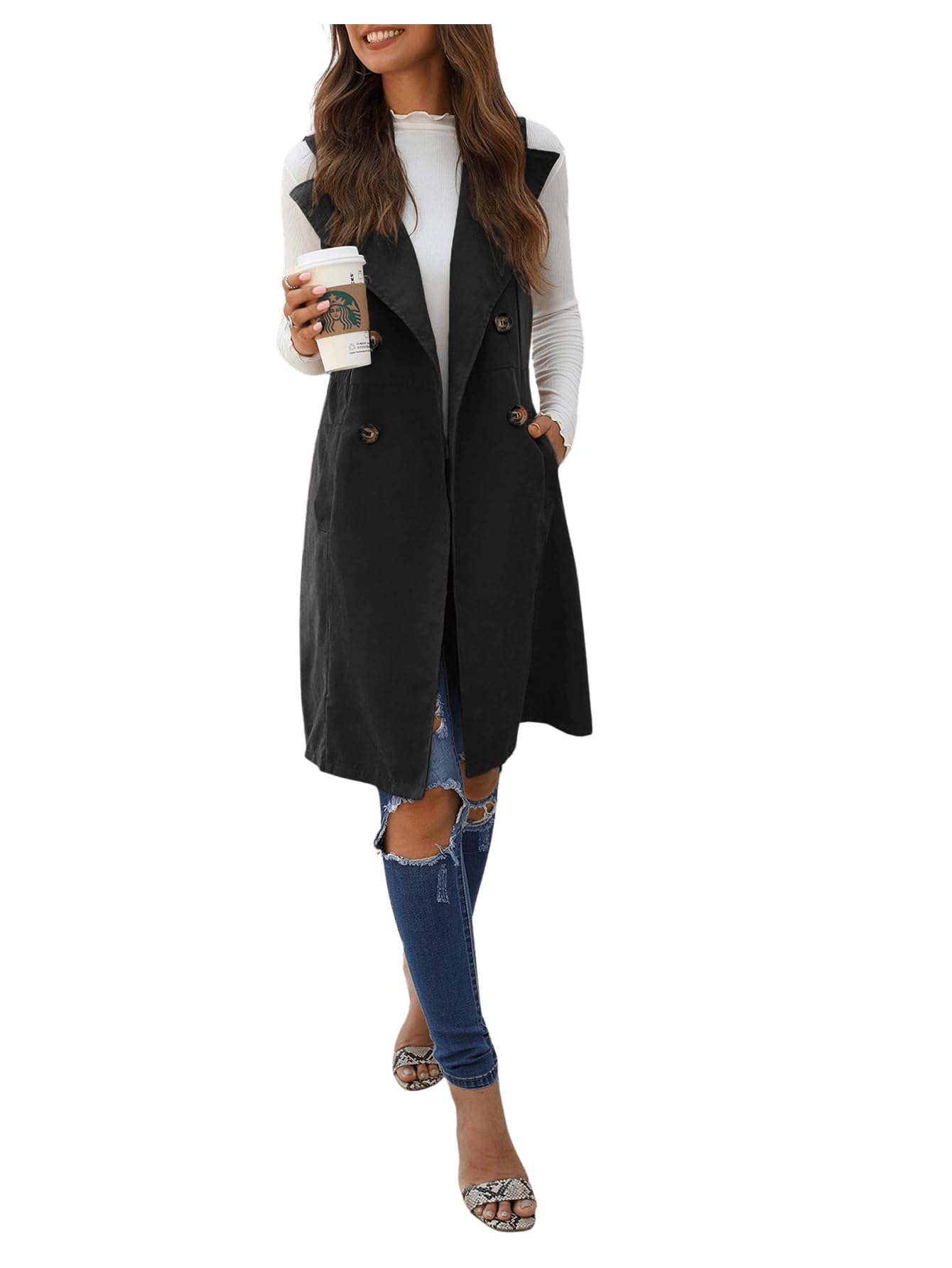 GORGLITTER Women's Western Long Blazer Vest Sleeveless Cowgirl Trendy Fashion Casual Business Casual Work Trench Coat