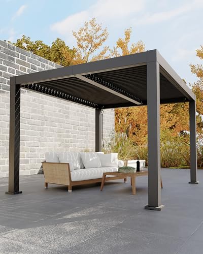 Image of Garveelife All-Aluminum Louvered Pergola 10 ft x 12 ft, Outdoor Pergola with Adjustable Louvered Roof, Reinforced Aluminum Frame, Integrated Drainage System, Hardtop Gazebo for Patio, Deck, Gray