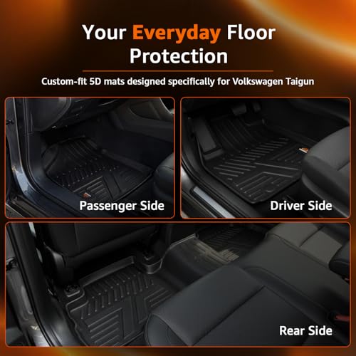 Image of Amazon Basics 5D Custom Fit Car Floor Mats for Volkswagen Taigun | Odor Free Virgin Polymer | All Weather Waterproof Protection | Edge to Edge Coverage | 3 Piece Set